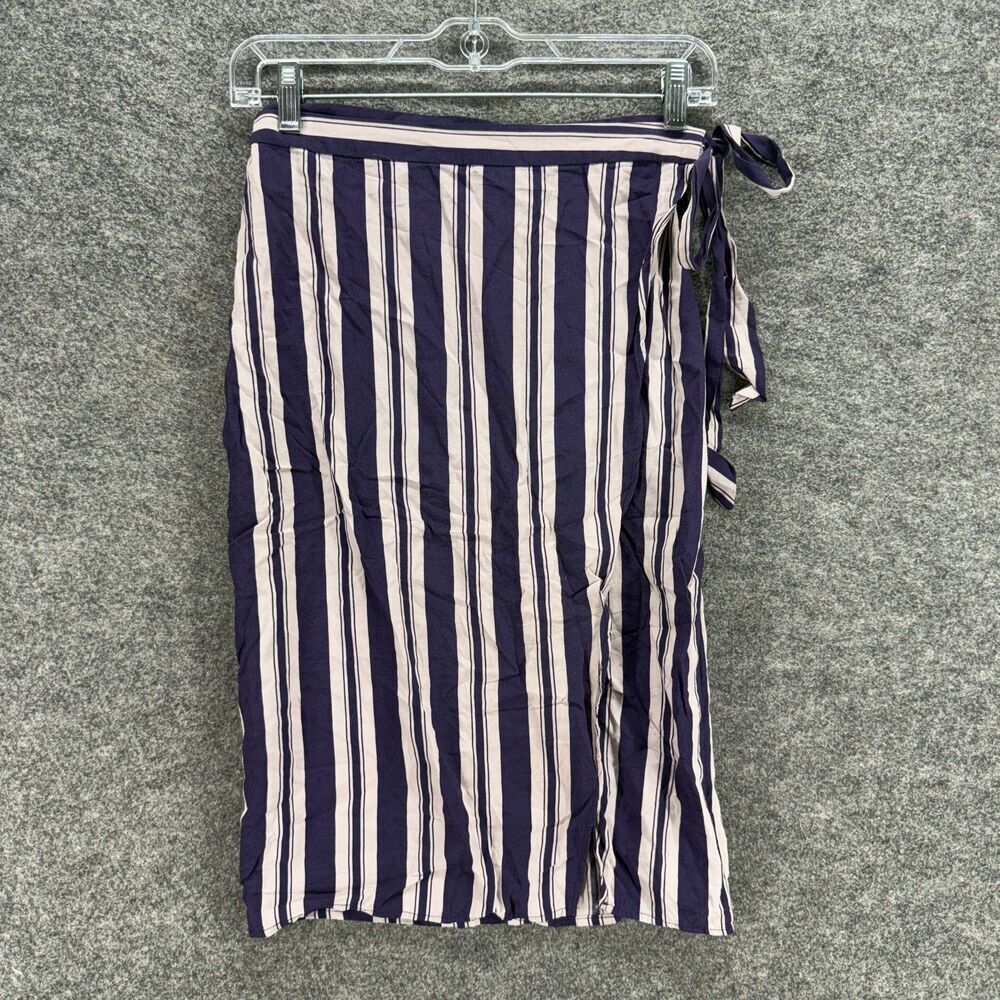 Ecote Skirt Women S Small Blue Striped A-Line Midi Belted Tie Up Tasseled Casual